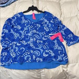 Lilly Pulitzer Blue & White Offishal Print Reversible Blouse NEW XL